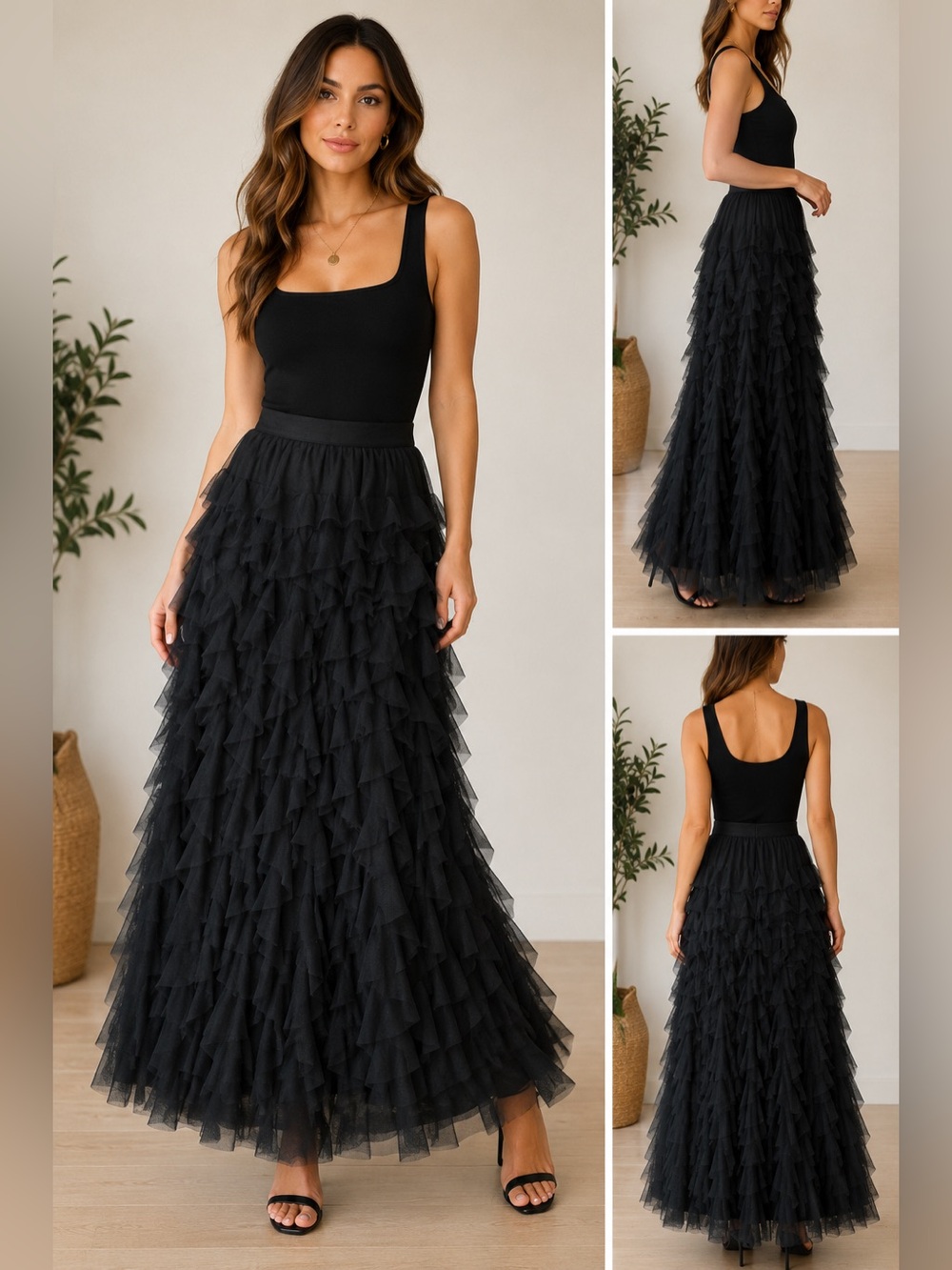 Vintage Collection Black Layered Ruffle Tulle Maxi Skirt  Women’s Size Small